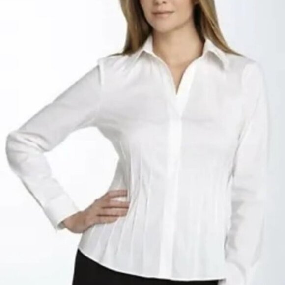 Lafayette 148 NY White Button Up Shirt Womens Stretch Cotton Pleated Size 14 - Picture 1 of 11